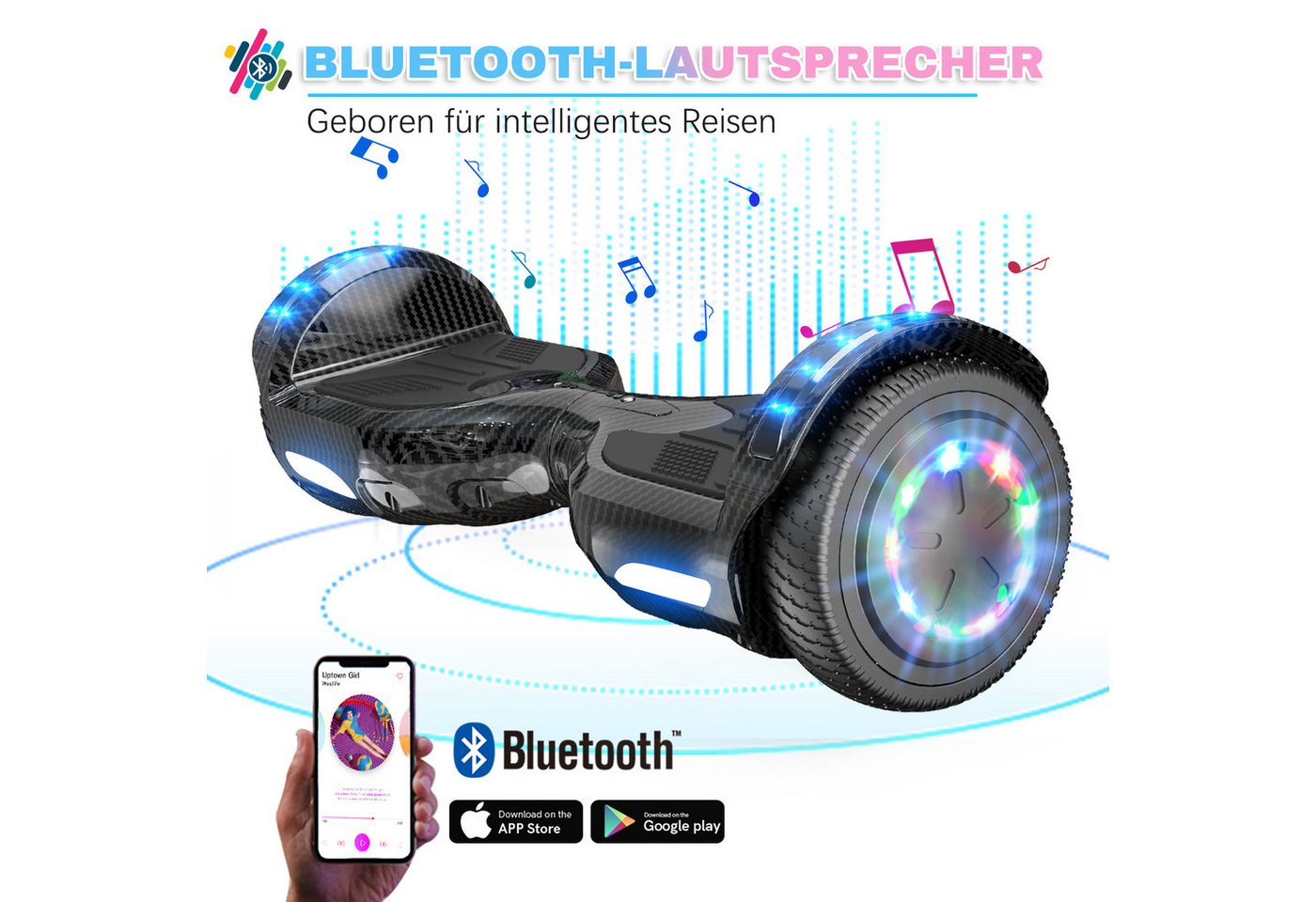 EVERCROSS TECH Balance Scooter Kart 6.5” Hoverboard mit Sitz, Leuchtende Reifen, Bluetooth-Musik, LED-Lichter, bis zu 10-15 km, Geschenke für Kinder – Bild 5 von 5