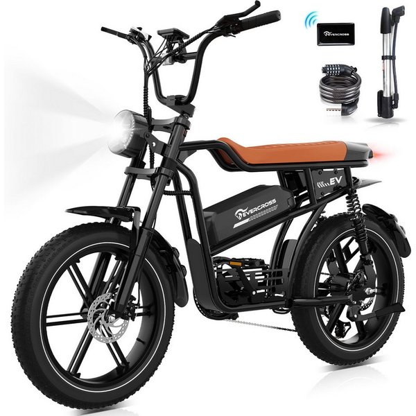 EVERCROSS TECH E-Bike 20” x 4,0 fette Reifen MTB, 48V 15,6AH Removable Battery, NFC, Heckmotor, 748,8 Wh, 100km, 7 Gang Shimano, Kettenschaltung, Heckmotor