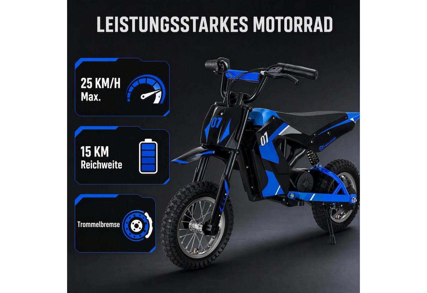 EVERCROSS TECH Elektro-Kindermotorrad 8/12/25 KMH, 12 Zoll Luftreifen, 300W, 36V 5,2AH, 6-12 Jahre, Reichweite 15 km, Belastbarkeit 65 kg – Bild 2 von 5