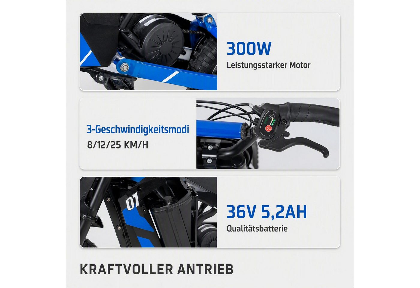EVERCROSS TECH Elektro-Kindermotorrad 8/12/25 KMH, 12 Zoll Luftreifen, 300W, 36V 5,2AH, 6-12 Jahre, Reichweite 15 km, Belastbarkeit 65 kg – Bild 5 von 5
