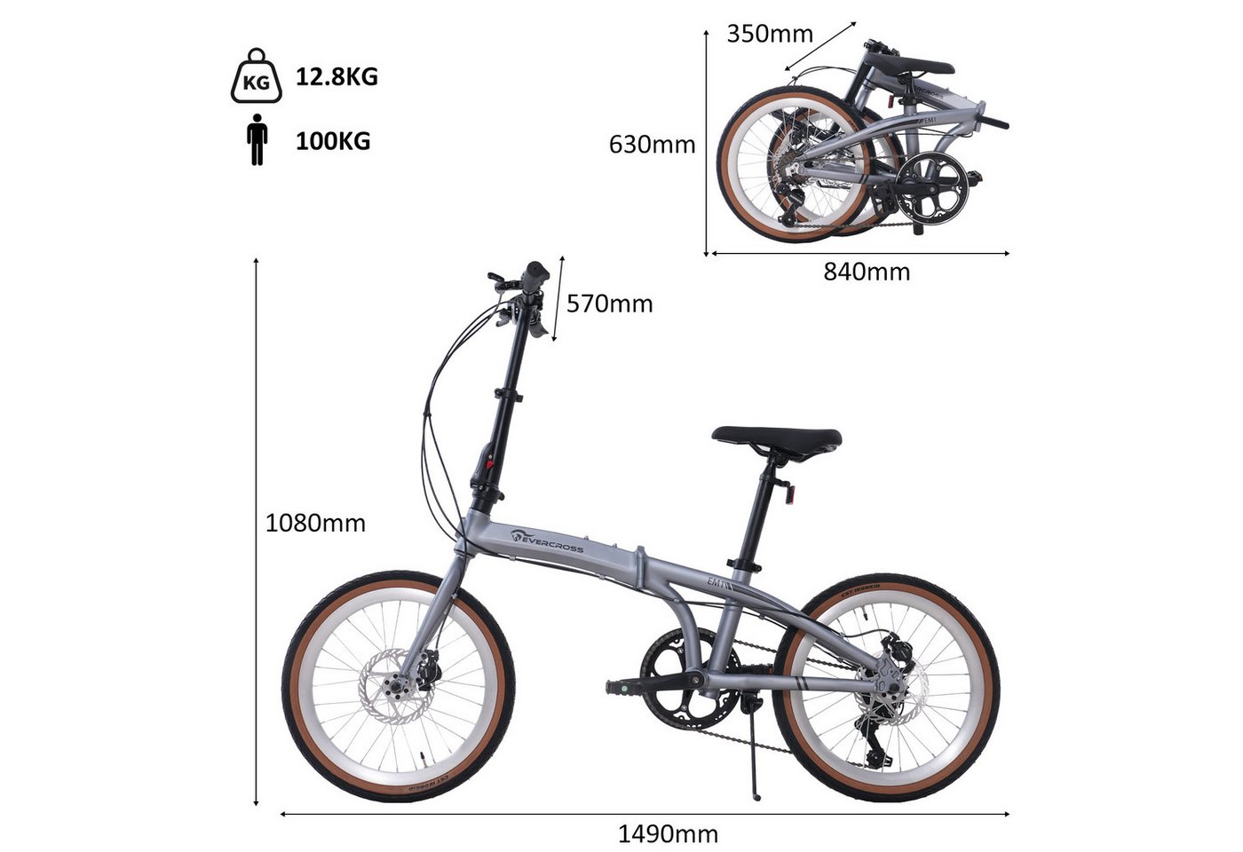 EVERCROSS TECH Faltrad EM1 20 Zoll, sekundenschnell faltbares Fahrrad, Aluminiumrahmen, 7 Gang, 7 Gang, Scheibenbremse, Max 100 kg Klapprad für Damen & Herren – Bild 2 von 5