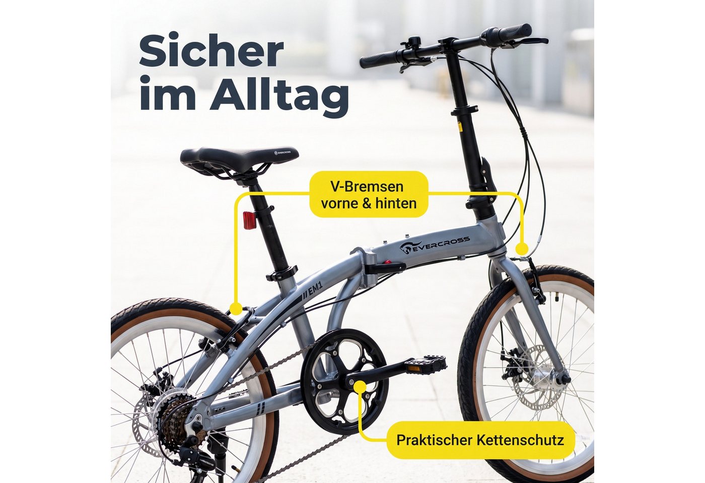 EVERCROSS TECH Faltrad EM1 20 Zoll, sekundenschnell faltbares Fahrrad, Aluminiumrahmen, 7 Gang, 7 Gang, Scheibenbremse, Max 100 kg Klapprad für Damen & Herren – Bild 3 von 5