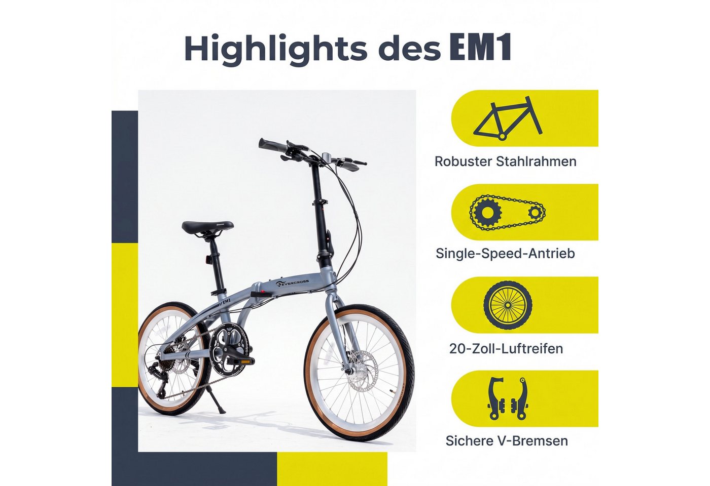 EVERCROSS TECH Faltrad EM1 20 Zoll, sekundenschnell faltbares Fahrrad, Aluminiumrahmen, 7 Gang, 7 Gang, Scheibenbremse, Max 100 kg Klapprad für Damen & Herren – Bild 4 von 5