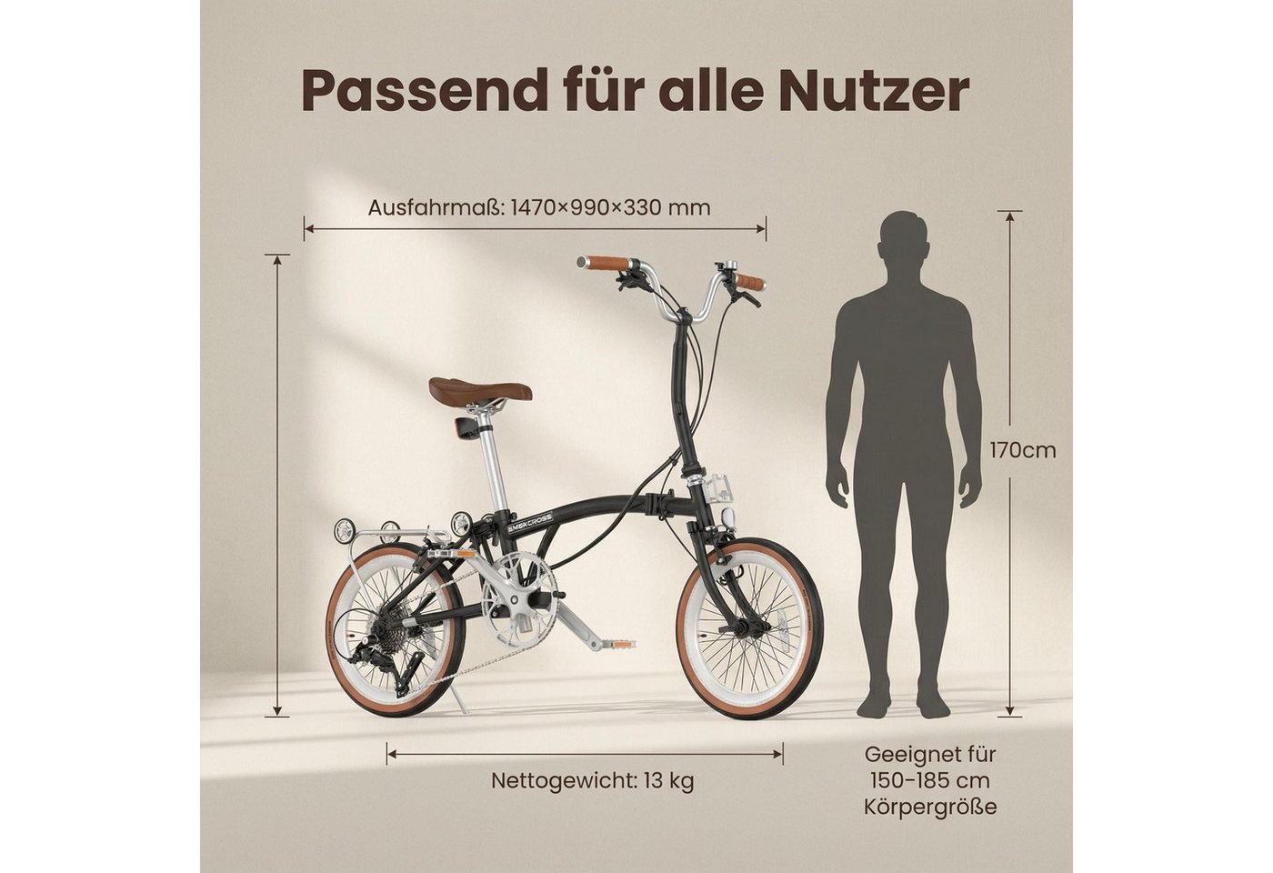 EVERCROSS TECH Faltrad EM6 16 Zoll, dreifach faltbares Fahrrad, Aluminium & Chrom Moly Stahl, 9 Gang, C-Bremse, max. 105 kg – Klapprad für Damen & Herren, Pendl – Bild 4 von 5
