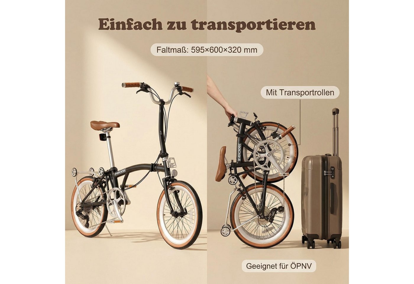 EVERCROSS TECH Faltrad EM6 16 Zoll, dreifach faltbares Fahrrad, Aluminium & Chrom Moly Stahl, 9 Gang, C-Bremse, max. 105 kg – Klapprad für Damen & Herren, Pendl – Bild 5 von 5