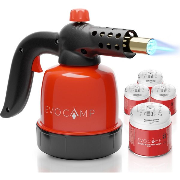 EVOCAMP Flambierbrenner Gasbrenner 1,3 kW, Küchenbrenner, Lötlampe mit Piezozündung, Max. Temperatur 1300°C, mit 4 Gaskartuschen 190g