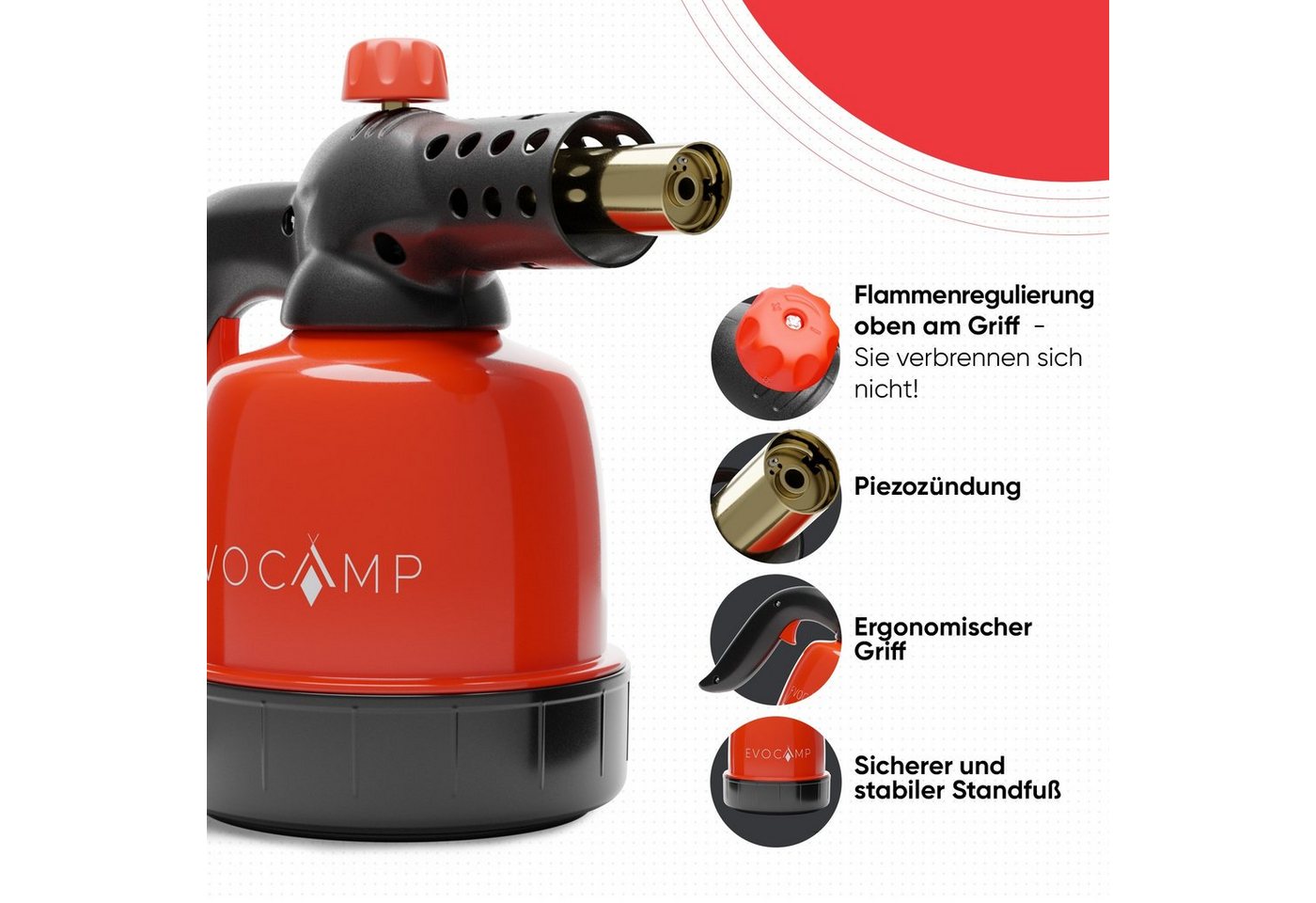 EVOCAMP Flambierbrenner Gasbrenner 1,3 kW, Küchenbrenner, Lötlampe mit Piezozündung, Max. Temperatur 1300°C, mit 4 Gaskartuschen 190g – Bild 4 von 5
