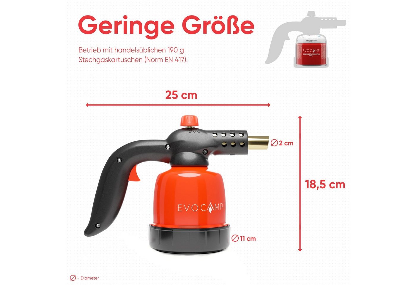 EVOCAMP Flambierbrenner Gasbrenner 1,3 kW, Küchenbrenner, Lötlampe mit Piezozündung, Max. Temperatur 1300°C, mit 4 Gaskartuschen 190g – Bild 5 von 5