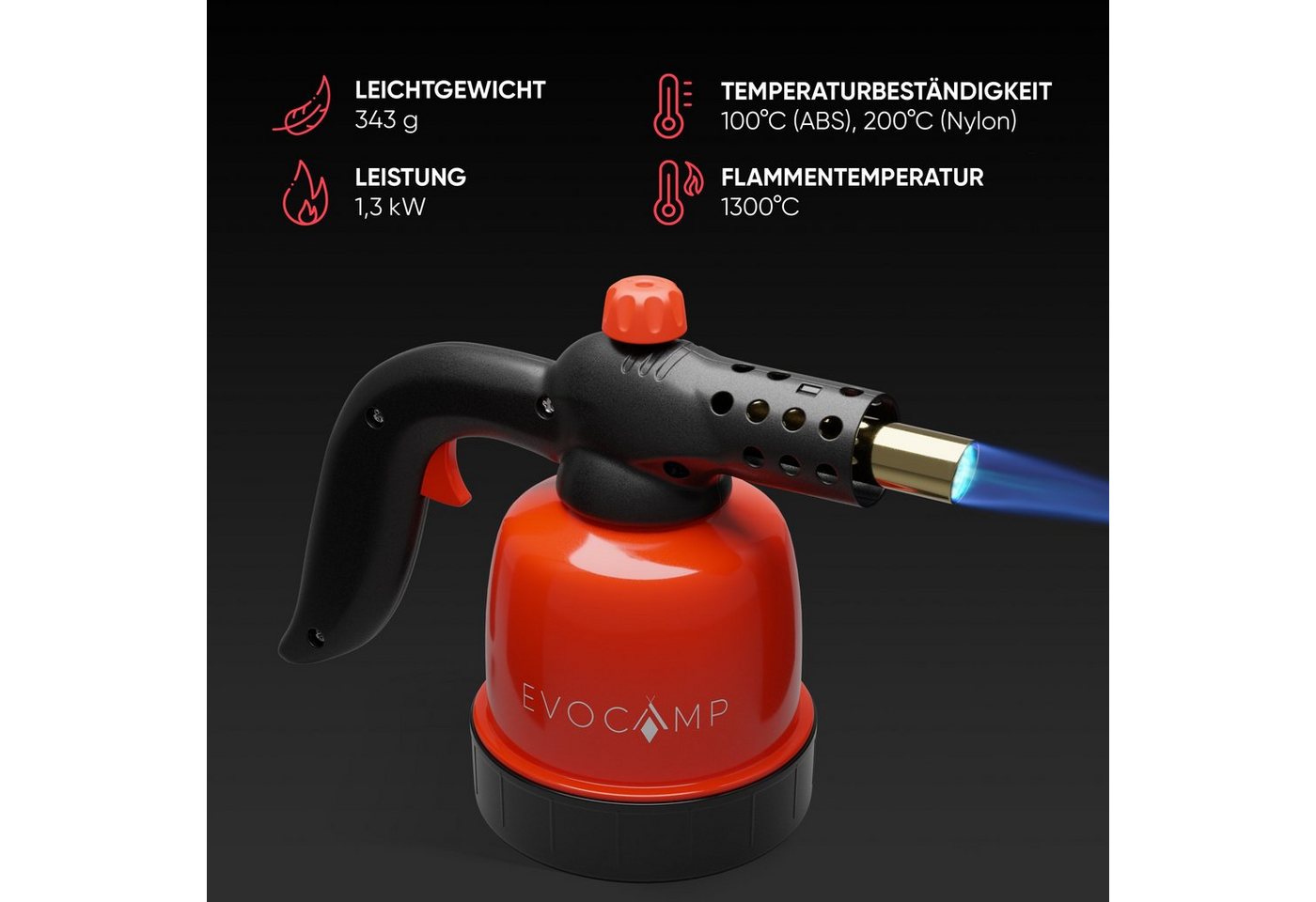 EVOCAMP Flambierbrenner Gasbrenner 1,3 kW, Küchenbrenner, Lötlampe mit Piezozündung, Max. Temperatur 1300°C, kompatibel mit Gaskartuschen 190g – Bild 2 von 5