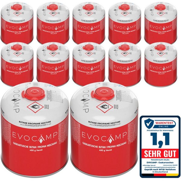 EVOCAMP Gaskartusche 12x Propan Butan 450g, Schraubkartusche Eurogewinde 7/16", Zubehör für Weber Grills Q100-1200-Serien, 12 St.