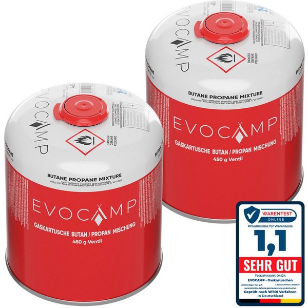 EVOCAMP Gaskartusche 2x Propan Butan 450g, Schraubkartusche Eurogewinde 7/16", Zubehör für Weber Grills Q100-1200-Serien, 2 St.