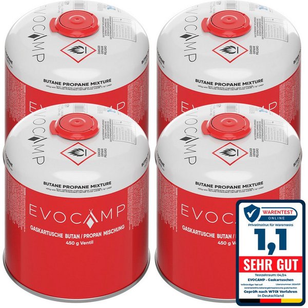 EVOCAMP Gaskartusche 4x Propan Butan 450g, Schraubkartusche Eurogewinde 7/16", Zubehör für Weber Grills Q100-1200-Serien, 4 St.