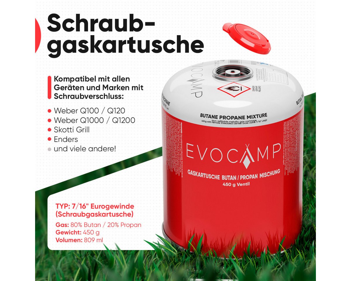 EVOCAMP Gaskartusche 4x Propan Butan 450g, Schraubkartusche Eurogewinde 7/16", Zubehör für Weber Grills Q100-1200-Serien, 4 St. – Bild 2 von 5