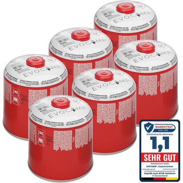 EVOCAMP Gaskartusche 6x Butangas Kartuschen 500g, Schraubkartusche mit Butan/ Propan Gas, 6 St.