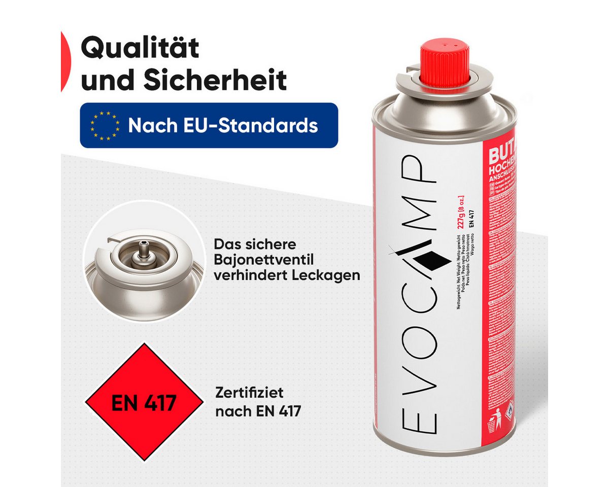 EVOCAMP Gaskartusche 6x Butankartuschen Typ MSF-1a 227g mit Bajonettventil, Zubehör für Campingkocher, Gasheizung, Gefahrgut: UN2037 - Klasse 2 – Bild 5 von 5