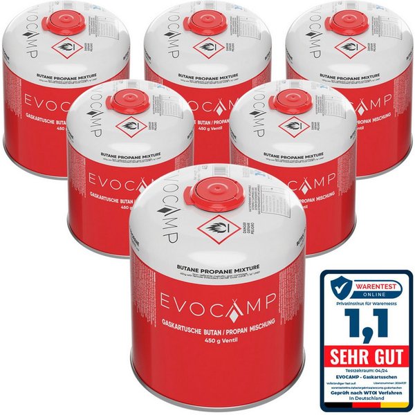 EVOCAMP Gaskartusche 6x Propan Butan 450g, Schraubkartusche Eurogewinde 7/16", Zubehör für Weber Grills Q100-1200-Serien, 6 St.