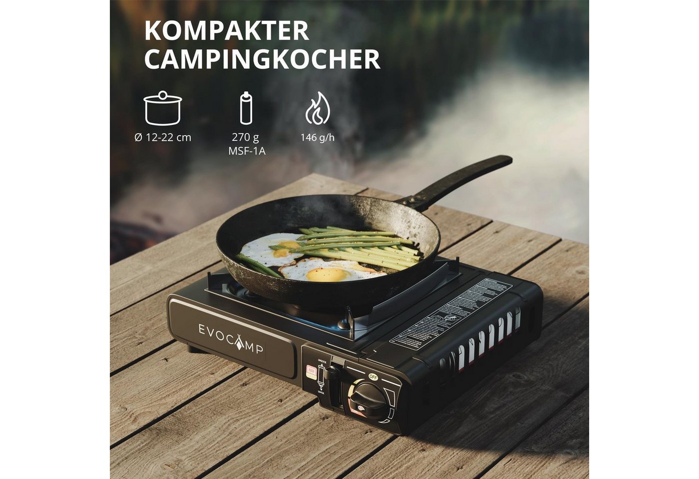 EVOCAMP Gaskocher 1-flammig mit Piezozündung und Tragekoffer für 227 Gaskartuschen, (Campingkocher mit 4 Gaskartuschen, 1-St., stufenlos regulierbare Flamme, tr – Bild 2 von 5
