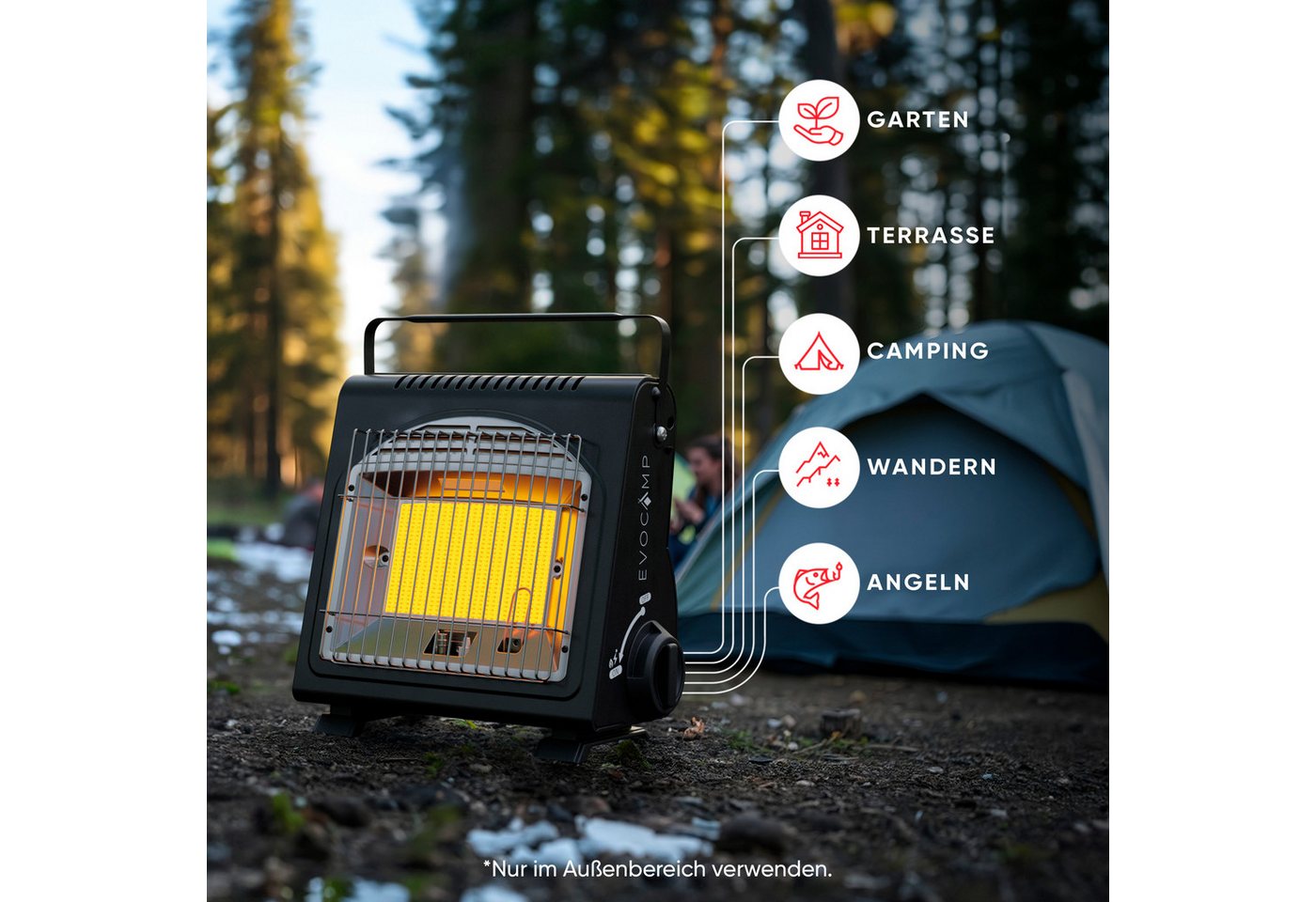 EVOCAMP Heizgerät mit Piezozündung tragbar, 1,7 kW, für Camping ohne Strom, Sauerstoffmangelsicherung für Gaskartuschen MSF-1A, Piezo-Zünder – Bild 5 von 5