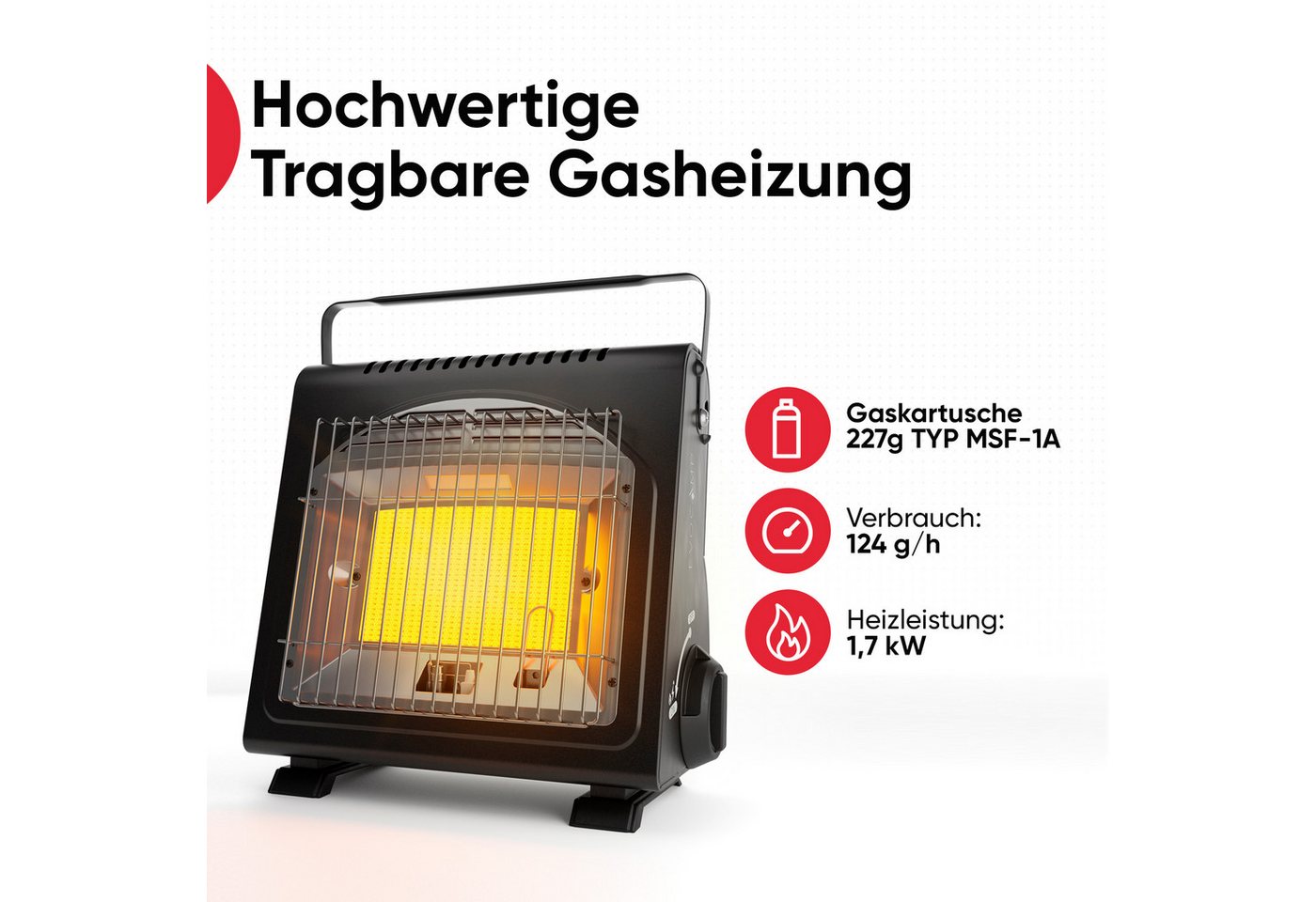 EVOCAMP Heizgerät mit Piezozündung tragbar, 1,7 kW, für Camping ohne Strom, Sauerstoffmangelsicherung für Gaskartuschen MSF-1A, Piezo-Zünder – Bild 2 von 5