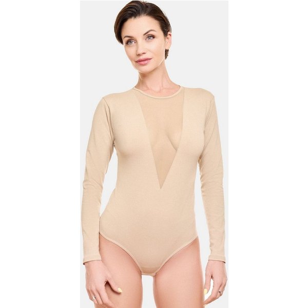 Evoni Body Damen Langarmbody V-Dekollete Tüll Blickdicht