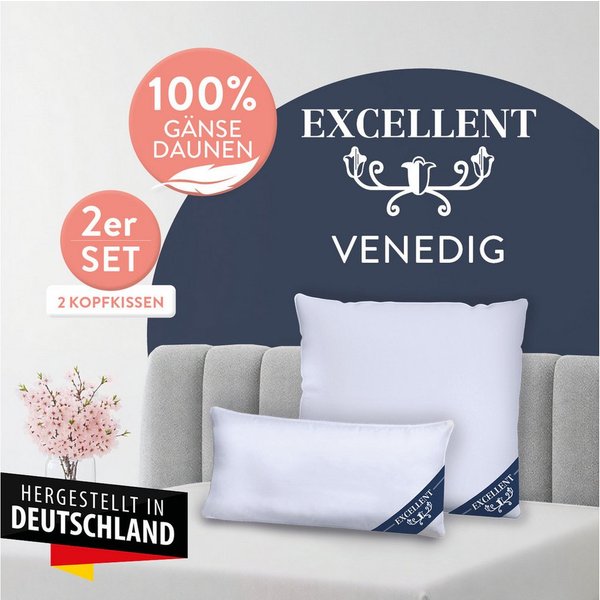 Excellent 3-Kammer-Kopfkissen Venedig, 3-Kammer-Kopfkissen Größenauswahl 40x40-80x80 cm, Füllung: weiße neue Gänsedaunen, Klasse I, 100% Daunen (Außen), weiße n