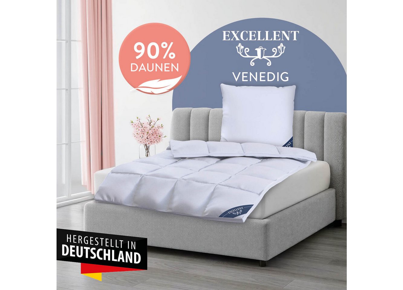 Excellent Daunenbettdecke VENEDIG, Bettdecken für Sommer und Winter, Decke, Füllung: 90% Daunen, 10% Federn, Bezug: 100% Baumwolle, Bettdecke 135x200 cm, 155x22 – Bild 2 von 5