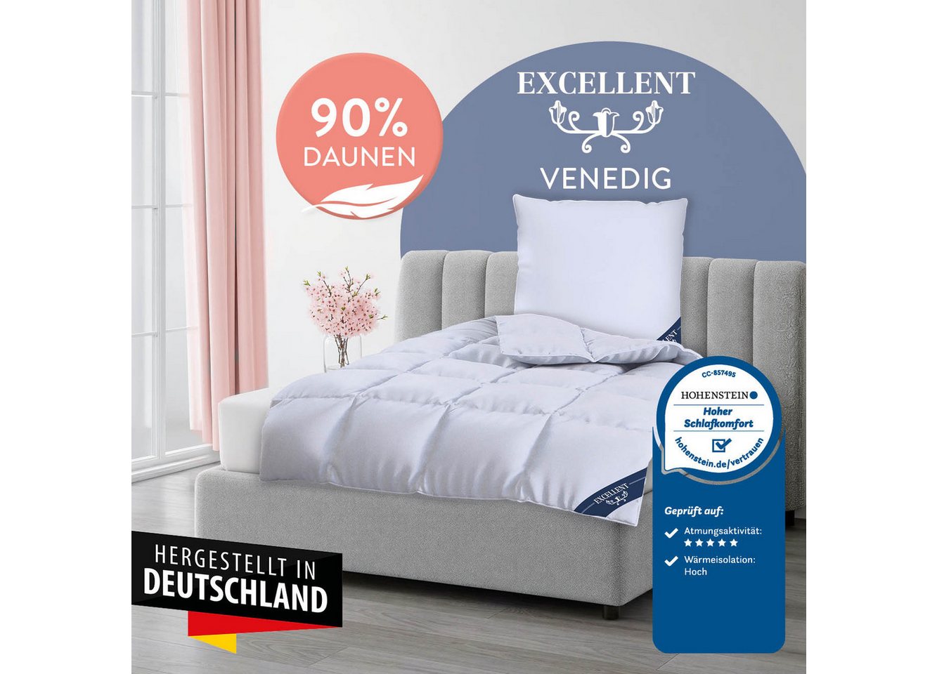 Excellent Daunenbettdecke VENEDIG, Bettdecken für Sommer und Winter, Decke, Füllung: 90% Daunen, 10% Federn, Bezug: 100% Baumwolle, Bettdecke 135x200 cm, 155x22 – Bild 2 von 5