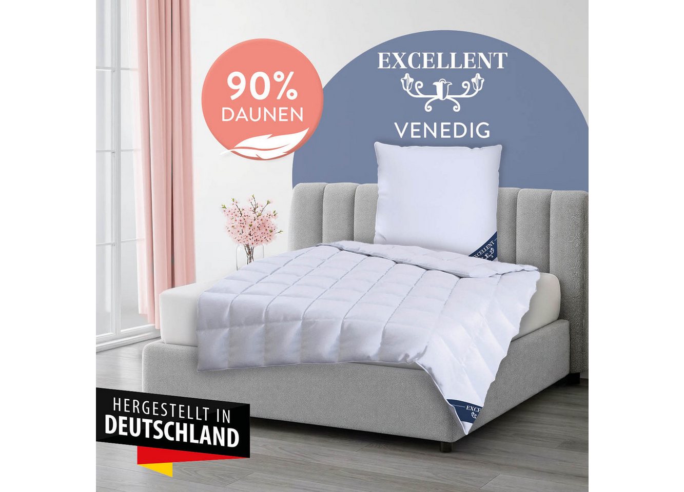 Excellent Daunenbettdecke VENEDIG, Bettdecken für Sommer und Winter, Decke, Füllung: 90% Daunen, 10% Federn, Bezug: 100% Baumwolle, Bettdecke 135x200 cm, 155x22 – Bild 2 von 5