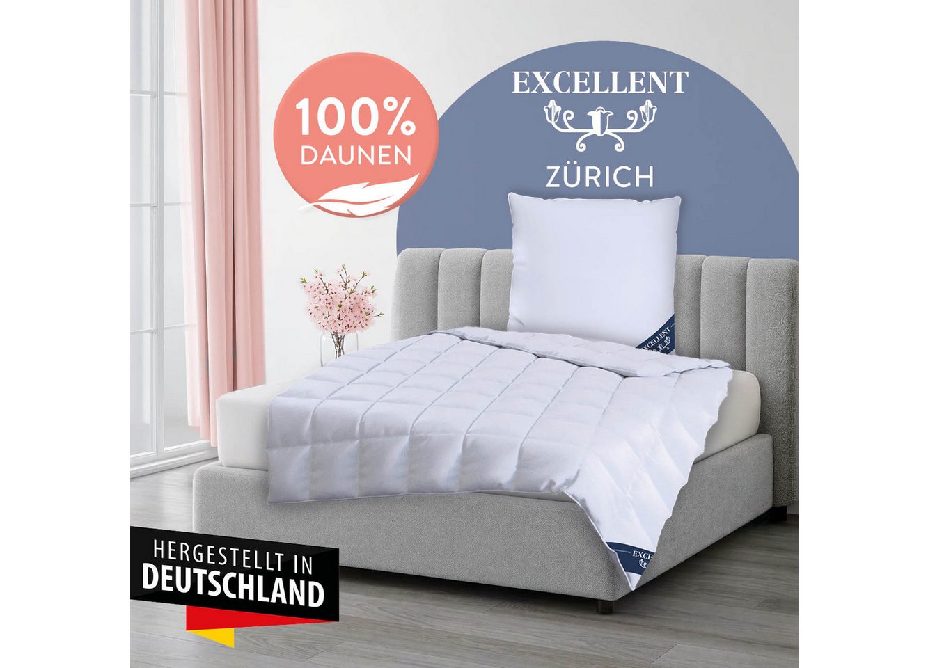Excellent Daunenbettdecke Zürich, Bettdecke normal mit Bestnote "Hoher Schlafkomfort" bewertet., Füllung: 100% Daunen, Bezug: 100% Baumwolle, Bettdecke 135x200  – Bild 2 von 5