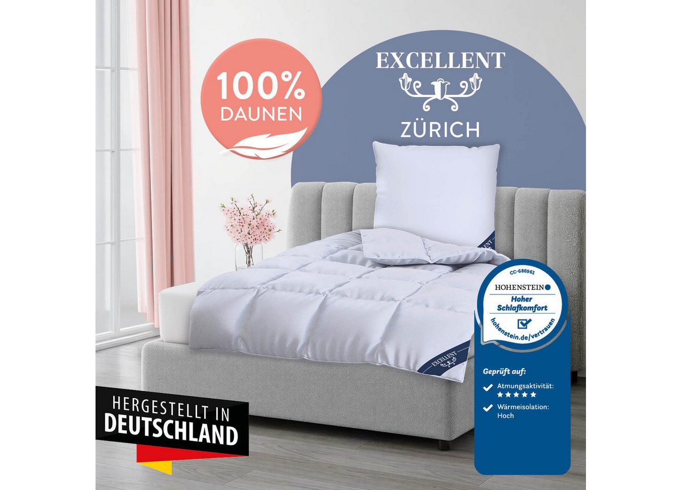 Excellent Daunenbettdecke Zürich, Bettdecke normal mit Bestnote "Hoher Schlafkomfort" bewertet., Füllung: 100% Daunen, Bezug: 100% Baumwolle, Bettdecke 135x200  – Bild 2 von 5