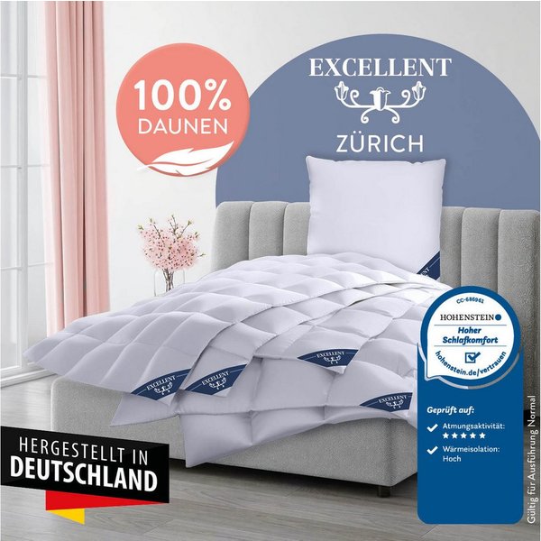 Excellent Daunenbettdecke Zürich, Bettdecke normal mit Bestnote "Hoher Schlafkomfort" bewertet., Füllung: 100% Daunen, Bezug: 100% Baumwolle, Bettdecke 135x200 