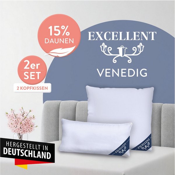 Excellent Kopfkissen Venedig, Kuschel- oder Kopfkissen 1-tlg. oder 2 -tlg., Daunen & Federn, Füllung: 85% Federn / 15% Daunen, Bezug: 100% Baumwolle, Seitenschl