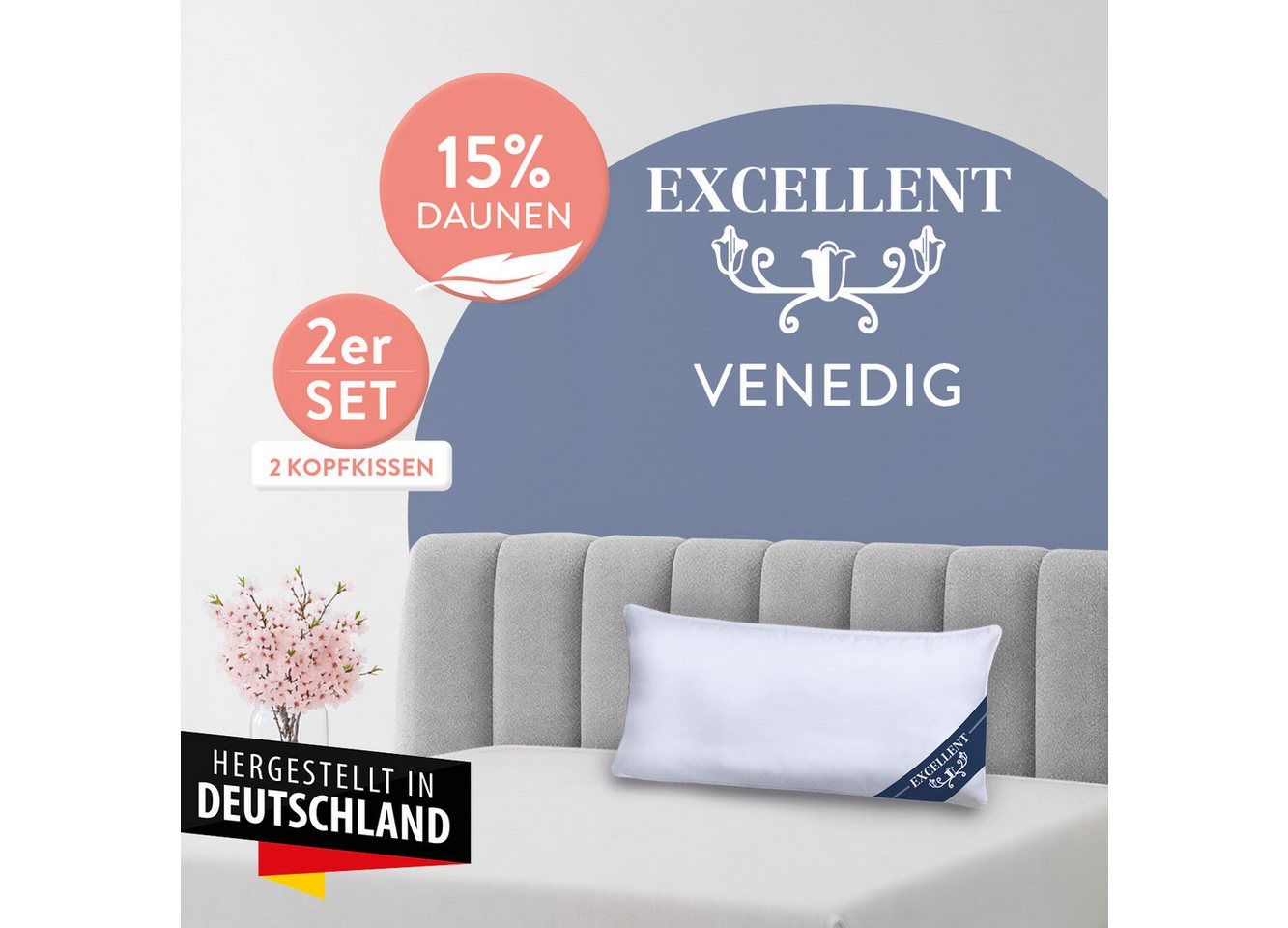 Excellent Kopfkissen Venedig, Kuschel- oder Kopfkissen 1-tlg. oder 2 -tlg., Daunen & Federn, Füllung: 85% Federn / 15% Daunen, Bezug: 100% Baumwolle, Seitenschl – Bild 2 von 5