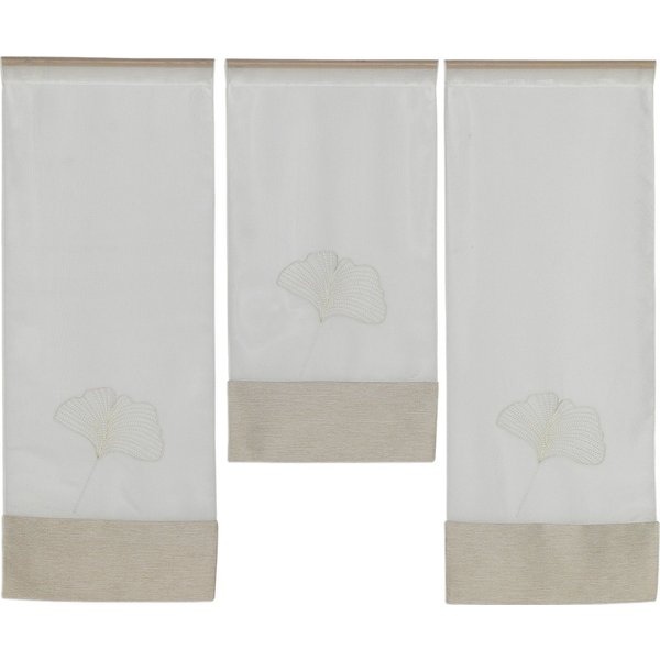 Scheibengardine 3er Set Miniflächen Scheibengardine Küchengardine Bistrogardine 4021 01 Ginkgo Blatt Stickerei Weiß Beige (3 St), Stangendurchzug, halbtranspare