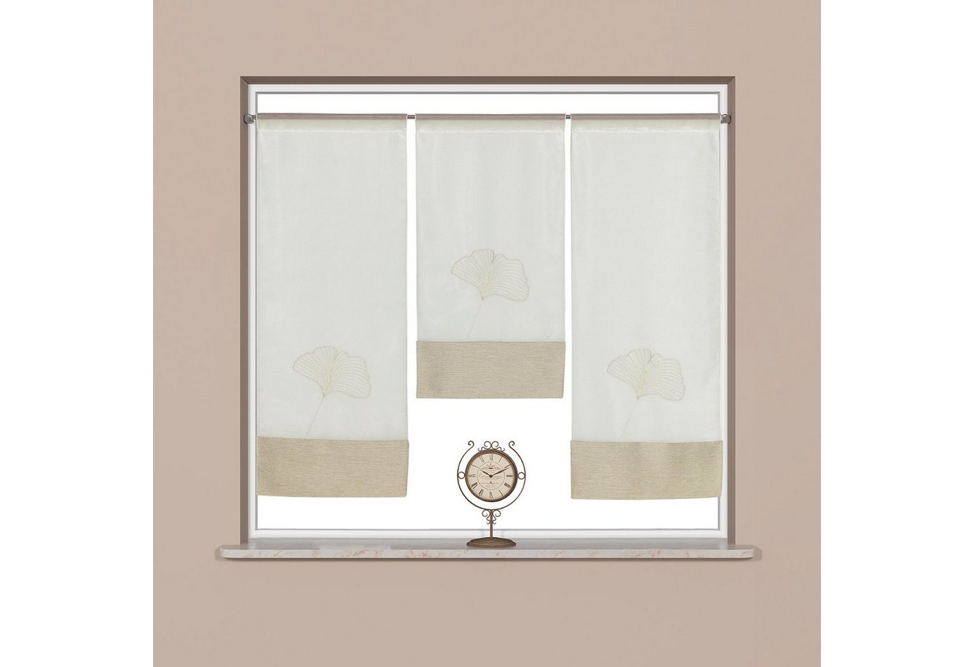 Scheibengardine 3er Set Miniflächen Scheibengardine Küchengardine Bistrogardine 4021 01 Ginkgo Blatt Stickerei Weiß Beige (3 St), Stangendurchzug, halbtranspare – Bild 2 von 5