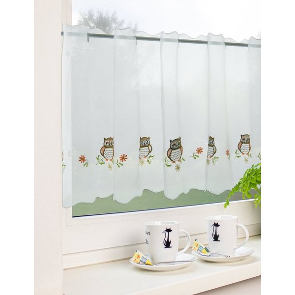 EXPERIENCE Scheibengardine Scheibengardine Küchengardine Bistrogardine 2505 48x140 cm Weiß Braun Eule (1 St), Stangendurchzug, halbtransparent, Voile, Stickerei