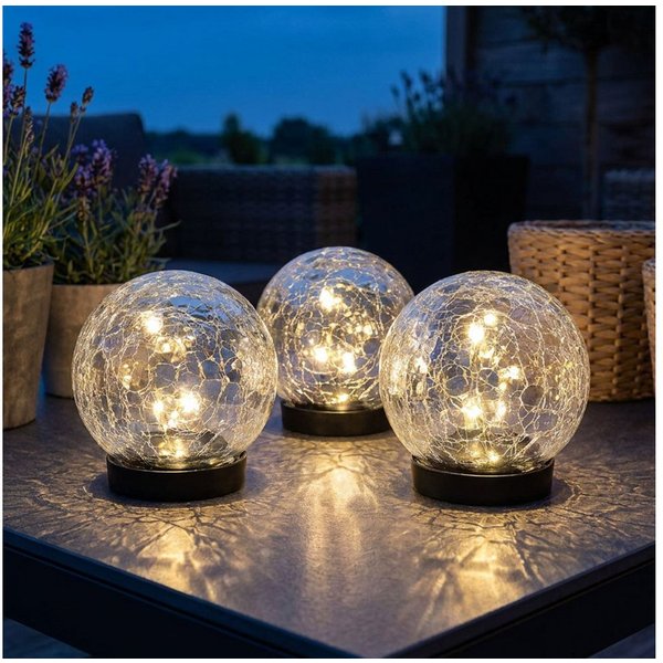 Expo Börse LED Dekolicht, LED-Leuchtmittel fest verbaut, Warmweiß, 3x Solarleuchte Außen Balkondeko Crackle Glaskugel klar LED D 12 cm