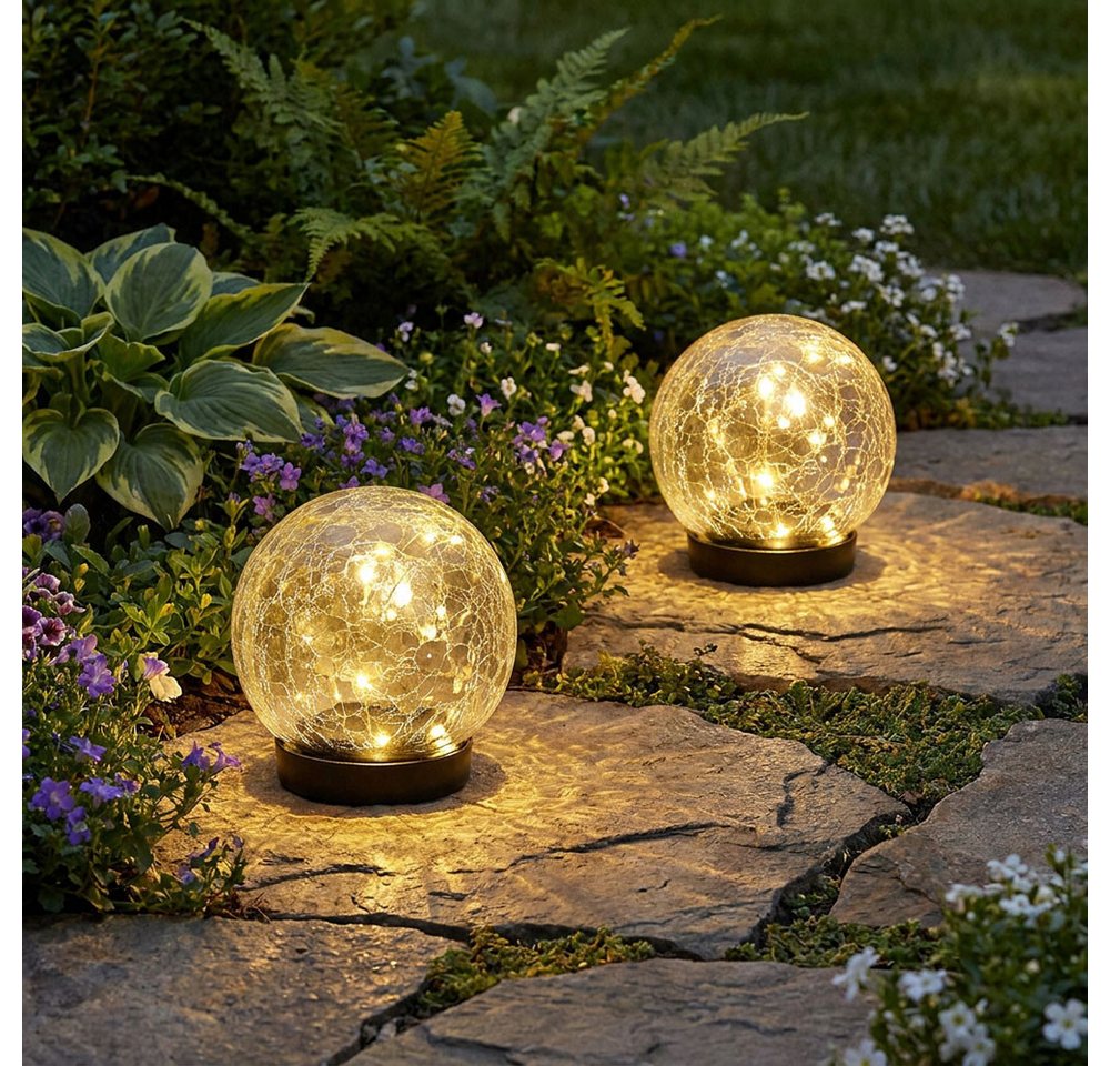 Expo Börse LED Dekolicht, LED-Leuchtmittel fest verbaut, Warmweiß, 3x Solarleuchte Außen Balkondeko Crackle Glaskugel klar LED D 12 cm – Bild 3 von 5
