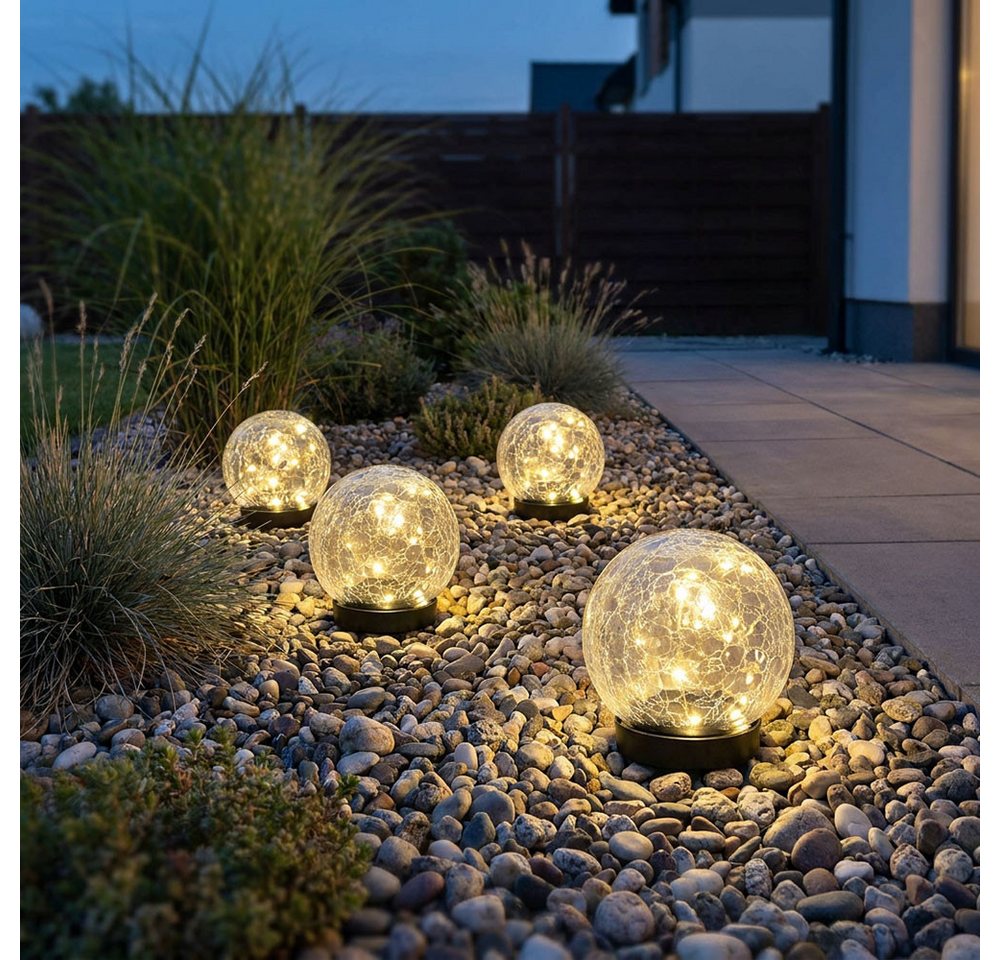 Expo Börse LED Dekolicht, LED-Leuchtmittel fest verbaut, Warmweiß, 3x Solarleuchte Außen Balkondeko Crackle Glaskugel klar LED D 12 cm – Bild 4 von 5