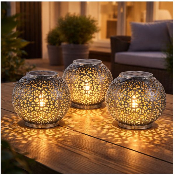 Expo Börse LED Kugelleuchte, Leuchtmittel inklusive, Warmweiß, Solarlampe Hängeleuchte Tischlampe Gartendeko LED orientalisch 3er Set