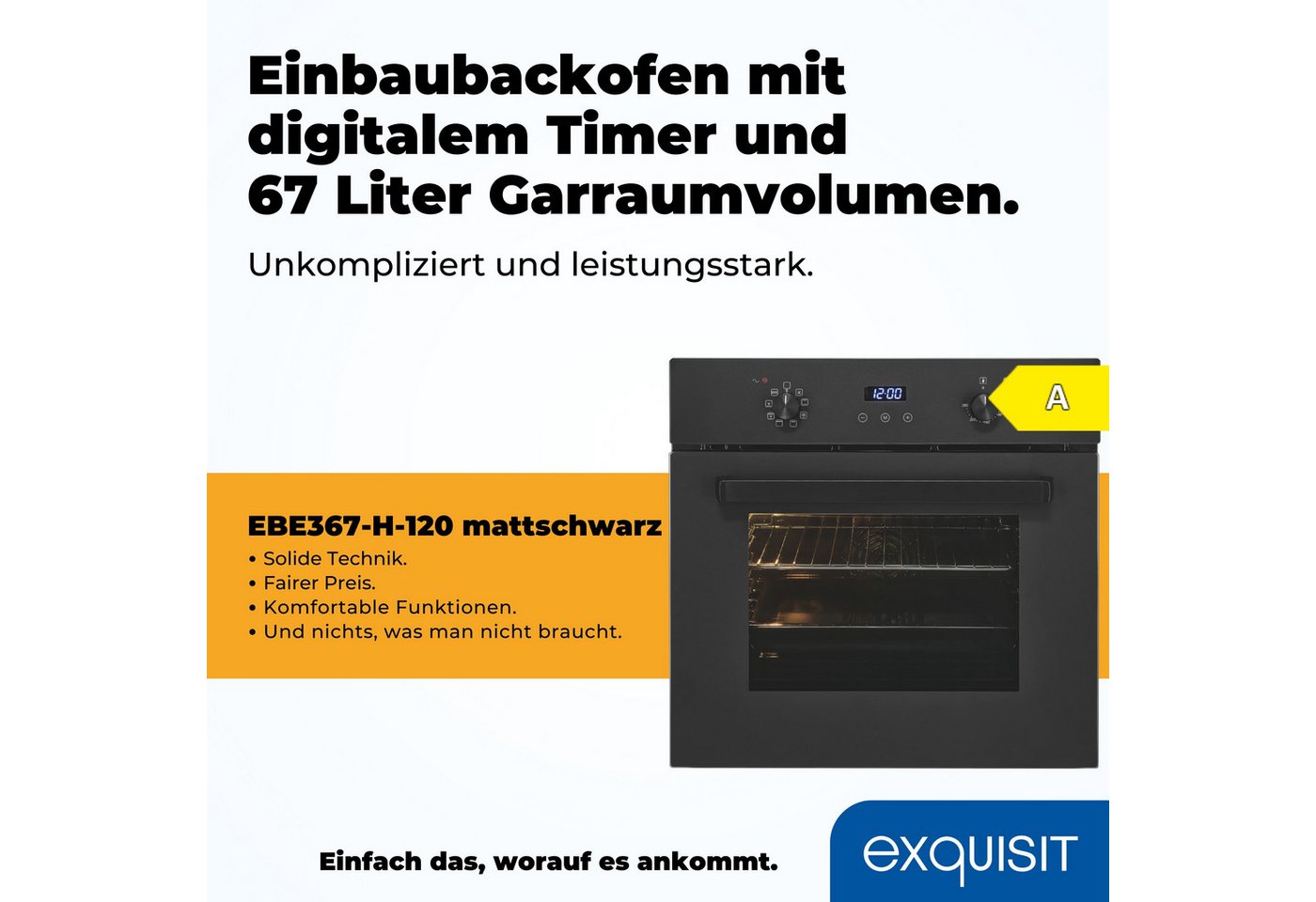 exquisit Backofen EBE367-H-120 mattschwarz, Heißluft & dreifach verglaste Tür – Wärme bleibt sicher im Ofen! – Bild 4 von 5