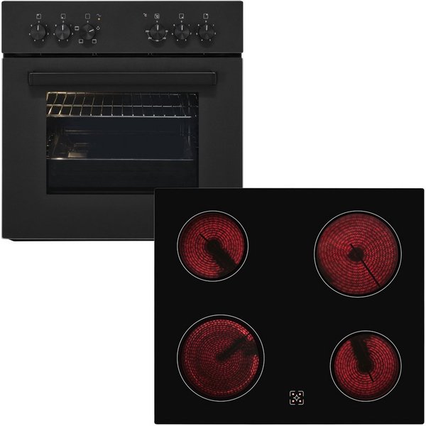 exquisit Backofen-Set EHE346-120 Set mattschwarz, Ober&Unterhitze mit 4-Zonen-Glaskeramikkochfeld – einfach & sicher!