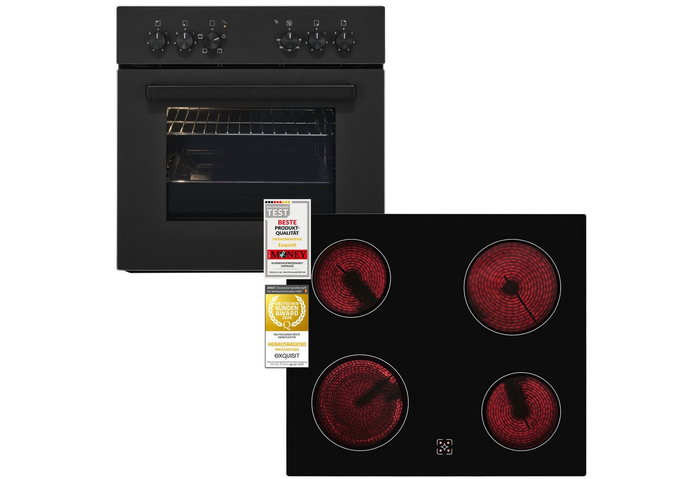 exquisit Backofen-Set EHE346-120 Set mattschwarz, Ober&Unterhitze mit 4-Zonen-Glaskeramikkochfeld – einfach & sicher! – Bild 2 von 5