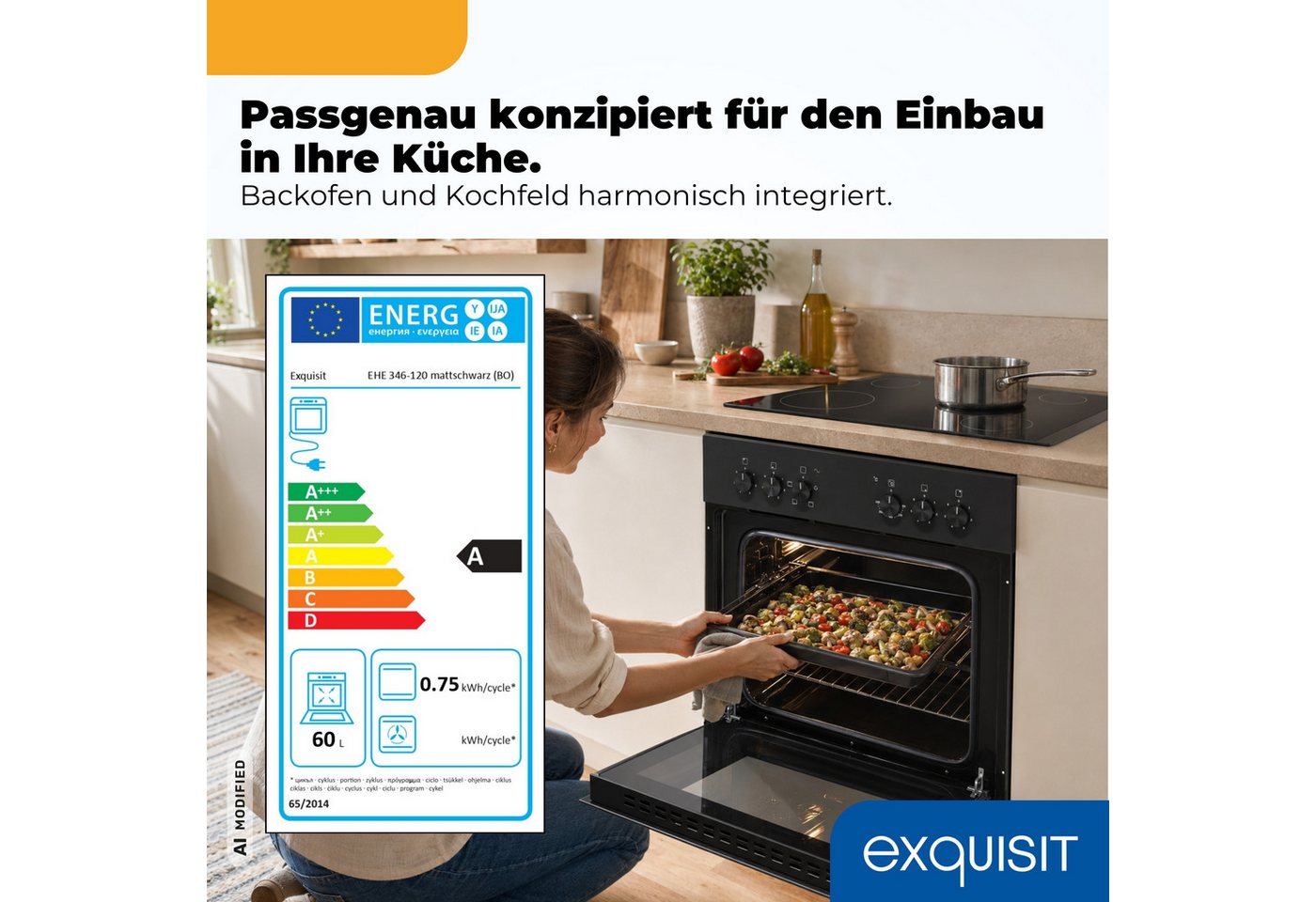 exquisit Backofen-Set EHE346-120 Set mattschwarz, Ober&Unterhitze mit 4-Zonen-Glaskeramikkochfeld – einfach & sicher! – Bild 4 von 5