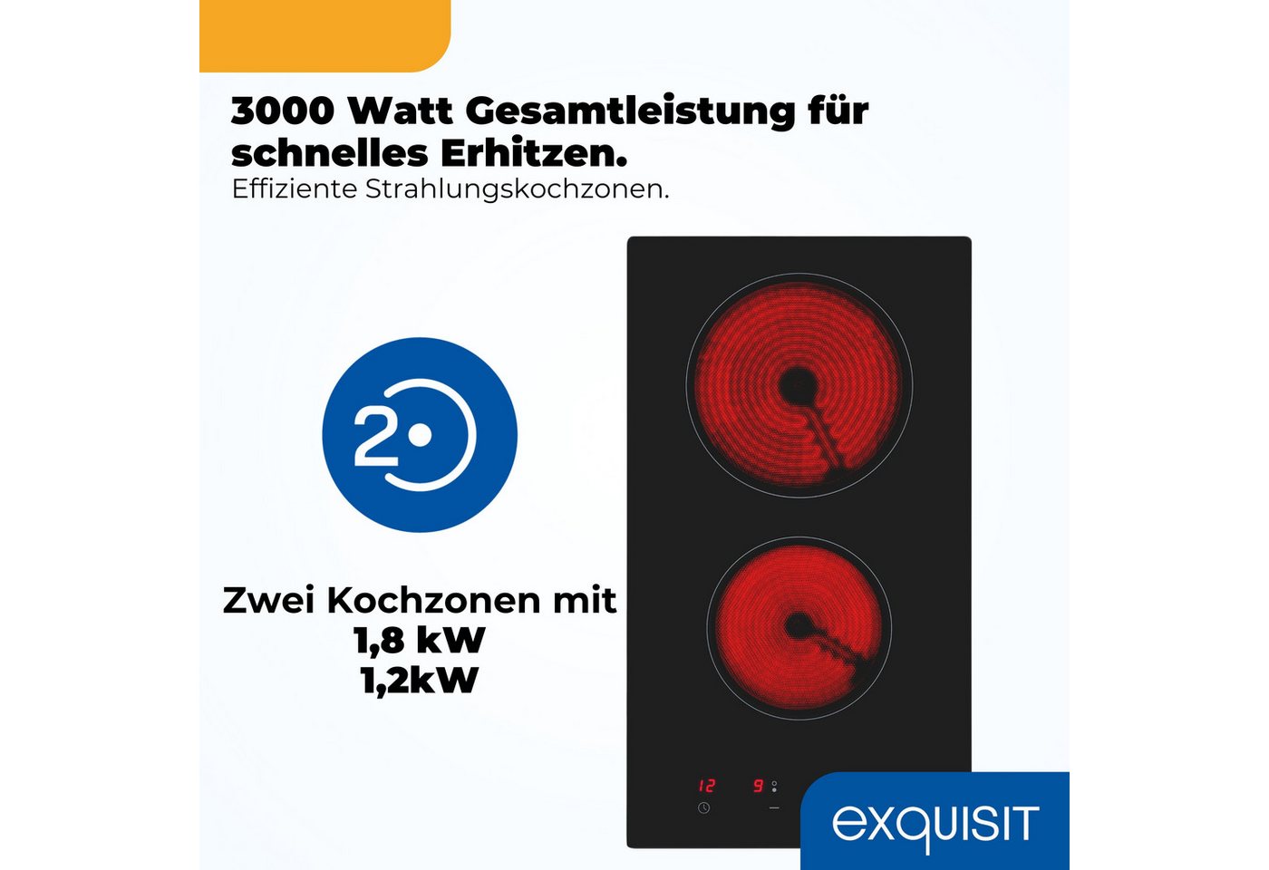 exquisit Elektro-Kochfeld, 3000 W Leistung, Glaskeramik Kochfeld, 120 cm Stromkabel – Bild 2 von 5