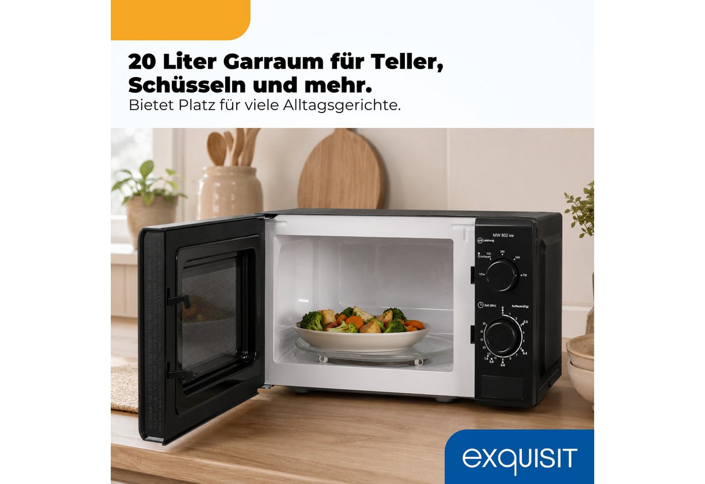 exquisit Mikrowelle MW 802, Mikrowelle, 20,00 l, 20 Liter, 25,5 cm Drehteller, inkl. Timer, einfach Bedienung, 700 Watt – Bild 5 von 5