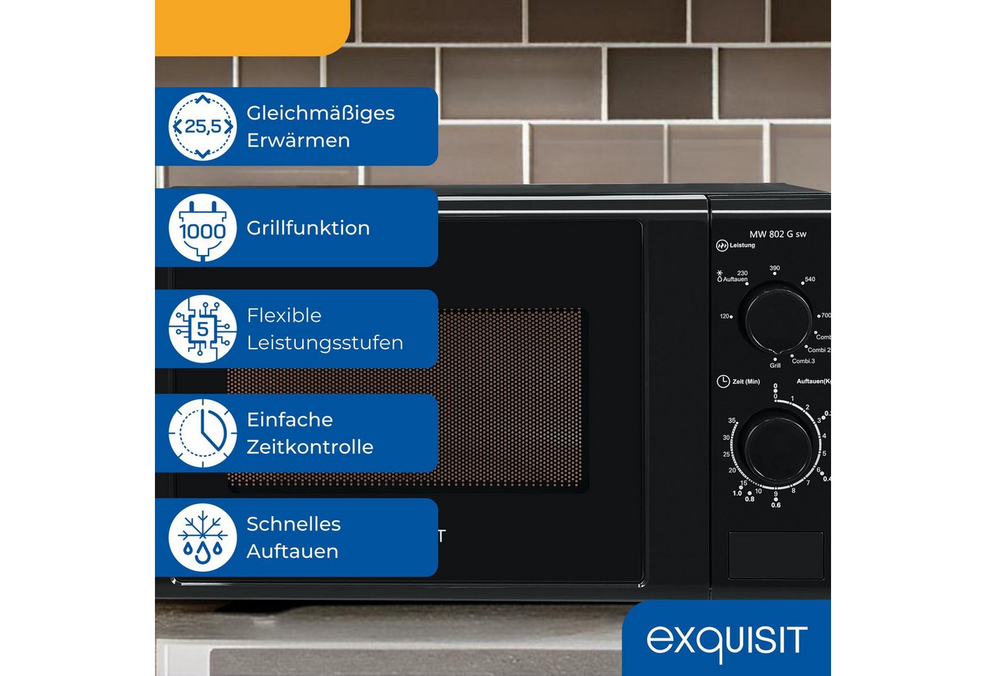 exquisit Mikrowelle MW 802, Mikrowelle, 20,00 l, 20 Liter, 25,5 cm Drehteller, inkl. Timer, einfach Bedienung, 700 Watt – Bild 3 von 5