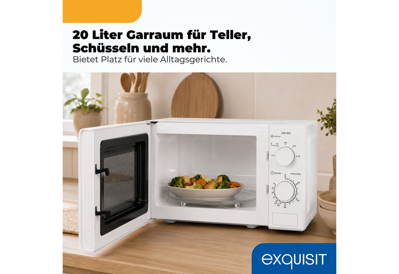 exquisit Mikrowelle MW 802, Mikrowelle, 20,00 l, 20 Liter, 25,5 cm Drehteller, inkl. Timer, einfach Bedienung, 700 Watt – Bild 5 von 5