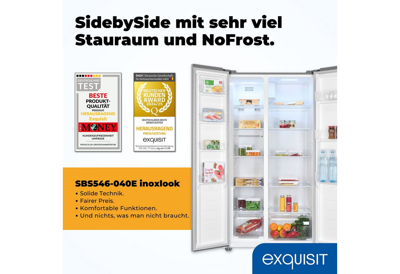 exquisit Side-by-Side SBS546-040E, 177 cm hoch, 90 cm breit, verstellbare Glasablage, No-Frost, elektronische Temperaturregelung – Bild 2 von 5