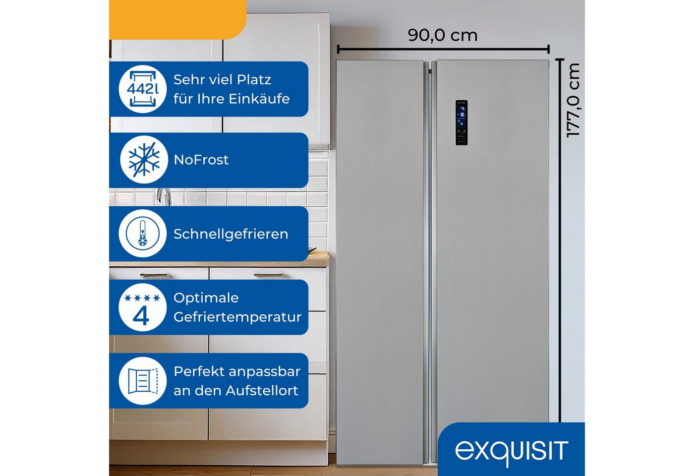 exquisit Side-by-Side SBS546-040E, 177 cm hoch, 90 cm breit, verstellbare Glasablage, No-Frost, elektronische Temperaturregelung – Bild 3 von 5